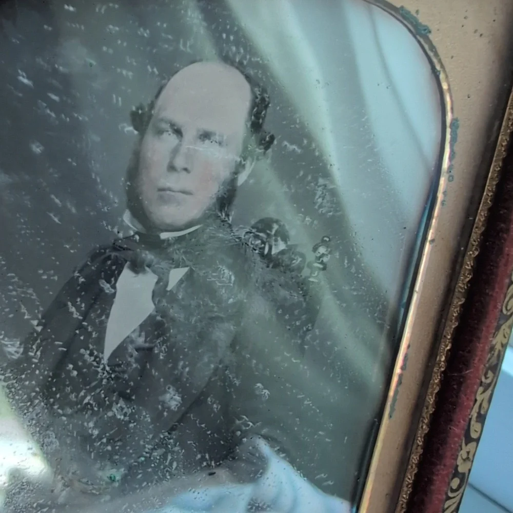 Daguerreotype of a man with gilt‎ framed glass mirror Antique Victorian 1800s